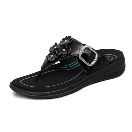 Orthofeet Women's Orthopedic Daisy Adjustable Slip-On Thong Sandal, Black