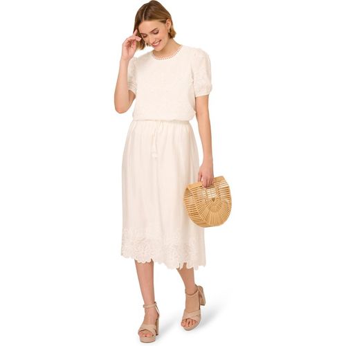 Adrianna Papell Womens Midi Length Crinkled Pull On Flower Embroidered Hem Skirt - Ivory - Mediu