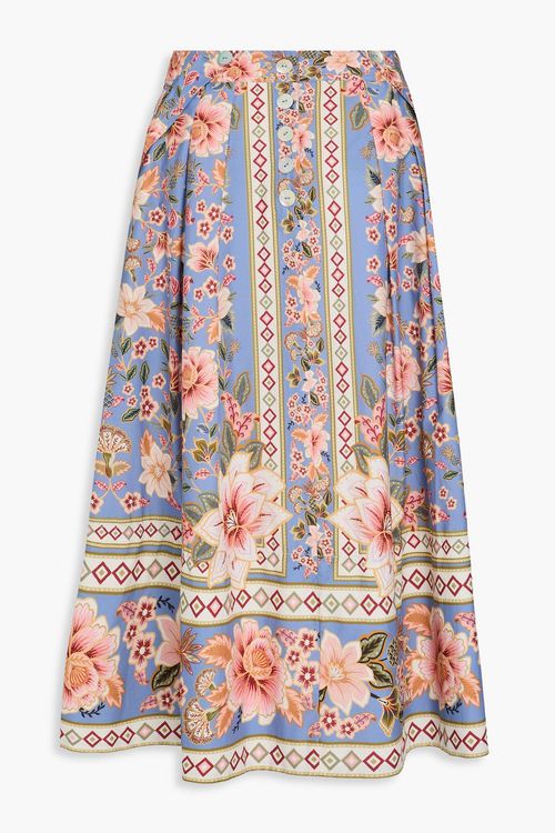 Pleated floral-print cotton-poplin midi skirt - Blue - M