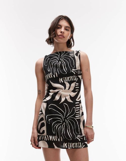 Topshop twist shoulder mini linen dress in mono abstract print-Multi
