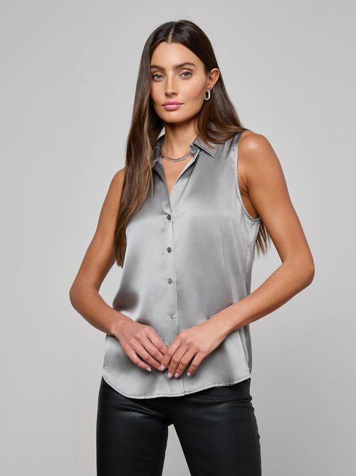 Emmy Sleeveless Silk Blouse Top In Light Grey