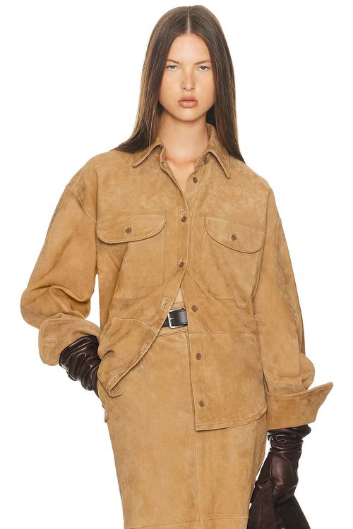 Helsa Suede Overshirt in Caramel - Tan. M also in XS, XXS, S