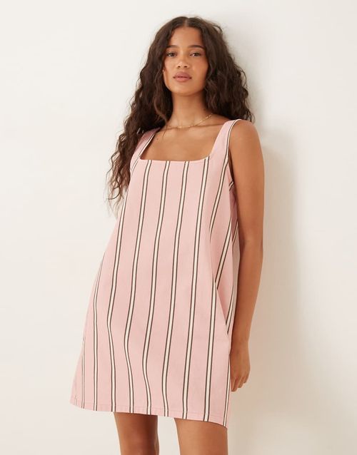 Square neck denim mini dress in stripe-Pink