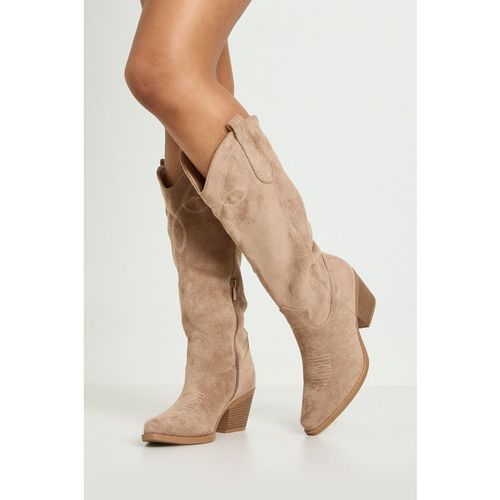 Boohoo Womens Faux Suede Tab Detail Knee High Western Boots - Taupe