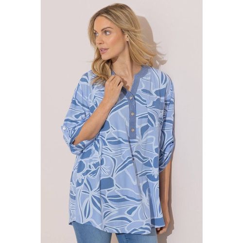 Klass. Women's Embellished Printed Relaxed Fit Cotton Top in Blue