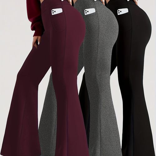 TEMU 3 Pack Women's High Waisted Tummy Control Yoga Leggings - Super Soft Bootcut Flare Pants With Pockets, 4-season Workout Capri/capri-length