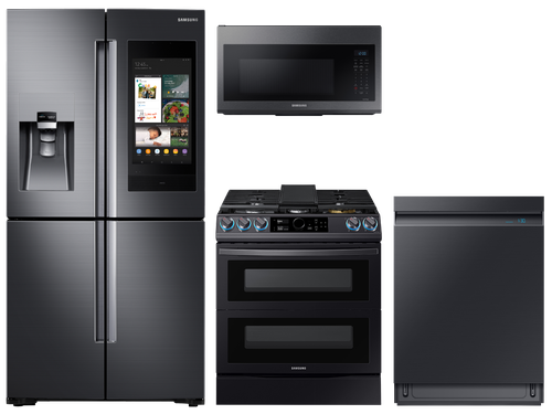 Family Hub™ 4-Door Flex™ Refrigerator + Flex Duo™ Slide-in Gas Range + Linear Wash Dishwasher + Microwave in Black Stainless