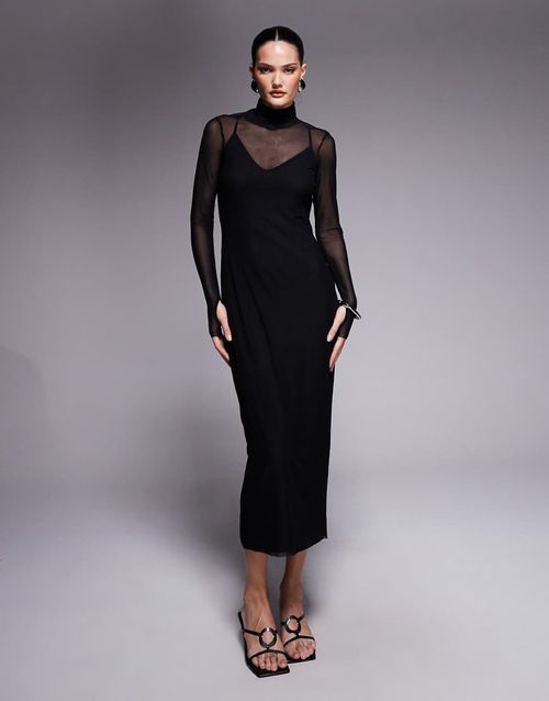 Shailene high neck mesh midi dress in black