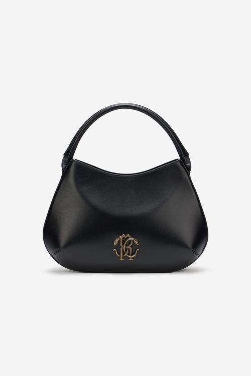 Black Leather Top Handle Bag With Monogram Rc