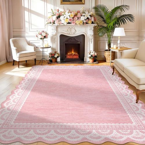 Garvee 9x12 Scalloped Pink Rug Non-Slip Low Pile Stain Resistant Faux Wool Soft Durable Indoor Living Room Bedroo