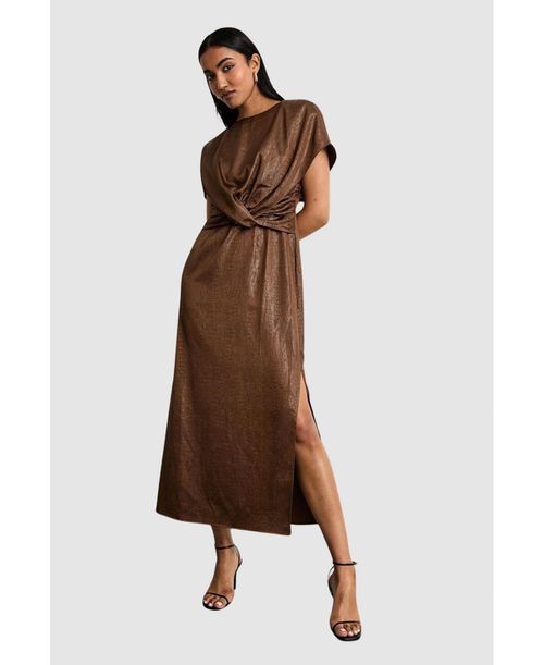 Women's Leather Look Twist Front Midi Dress - Chocolate