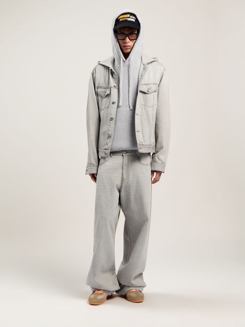 Curved Logo Rib Knit Hoodie Man  Grey Melange