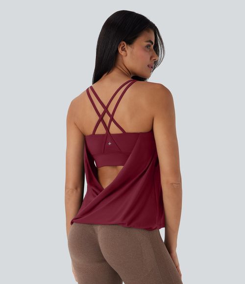 Double Straps Pleated Quick Dry Yoga Cami Top DD-F Cups Tank Top - Tibetan Red