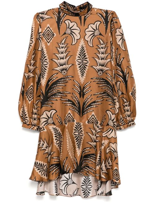 Twill long-sleeved mini dress - Brown