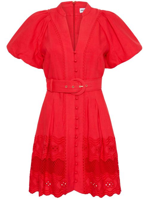 Belted lace-embroidery minidress - Red