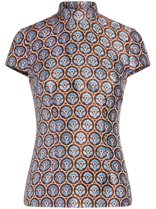 Floral-jacquard short-sleeve top - Blue
