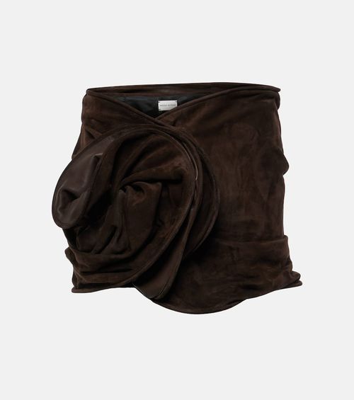 Floral-appliqué suede miniskirt