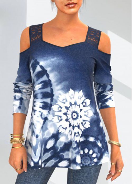 Modlily Lace Stitching Blue Tie Dye Print T Shirt