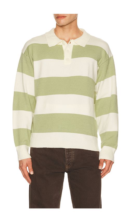 Central Park West Theo Striped Rugby Sweater in Green. L. Also in M, S, XL/1X