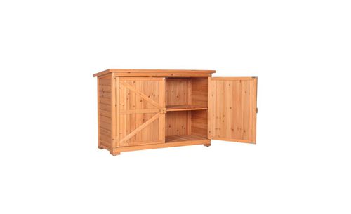 Outdoor Fir Wooden Garden Shed with Double Doors and Lockers, Vibrant Orange Red Storage Cabinet Unit - Orange. Red