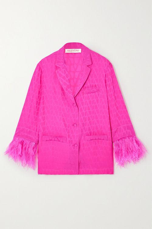 Feather-trimmed Silk-jacquard Shirt - Pink
