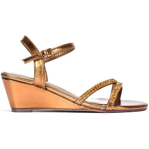 XY London Women's 'Sammy' Diamante Mid Heel Strappy Wedge Sandals in Bronze