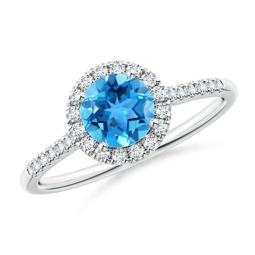 Angara 0.95 Carat Round Swiss Blue Topaz Halo Ring with Diamond Accents in Platinum