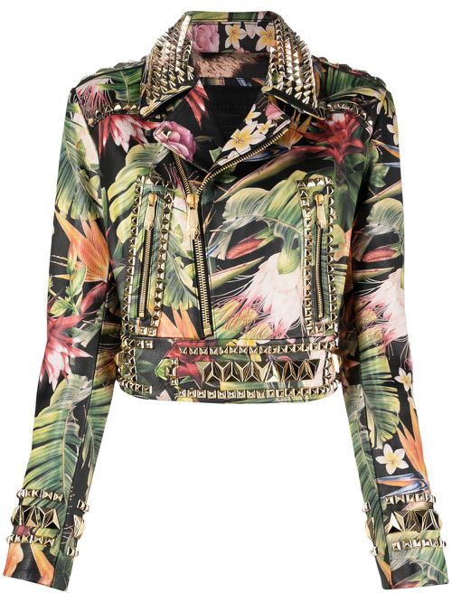 Floral-print studded biker jacket - Green