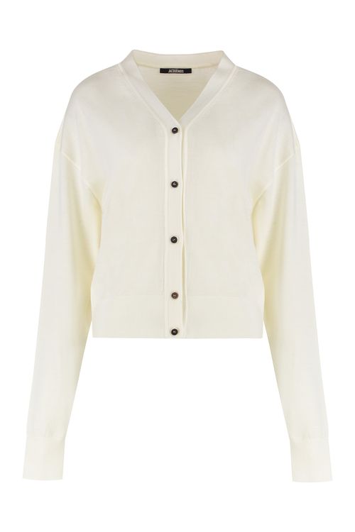 Merino Wool V-Neck Cardigan with Back Embroidered Logo