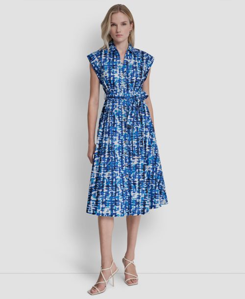 Women's Extended Button-Front Collared Cotton Midi Dress - Atlantic Multi