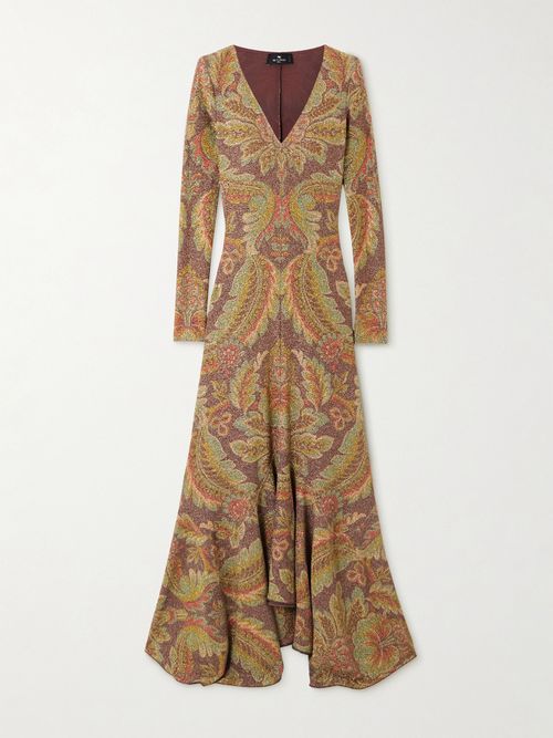 Asymmetric Paisley-print Metallic Cloqué Midi Dress - Brown