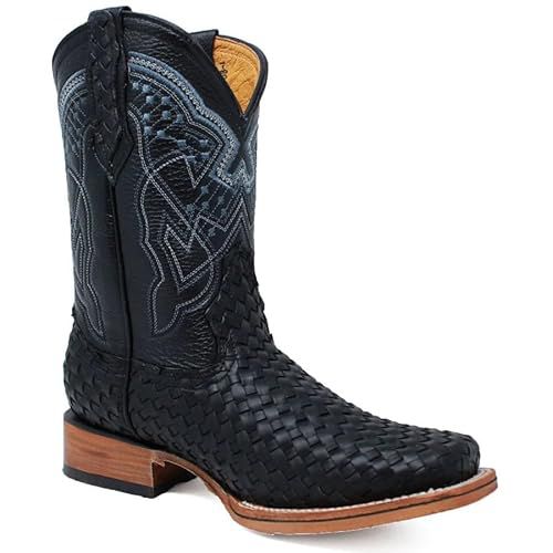 Men's Genuine Petatillo Leather Wide Square Toe Cowboy Western Boots - Black (Black, US Footwear