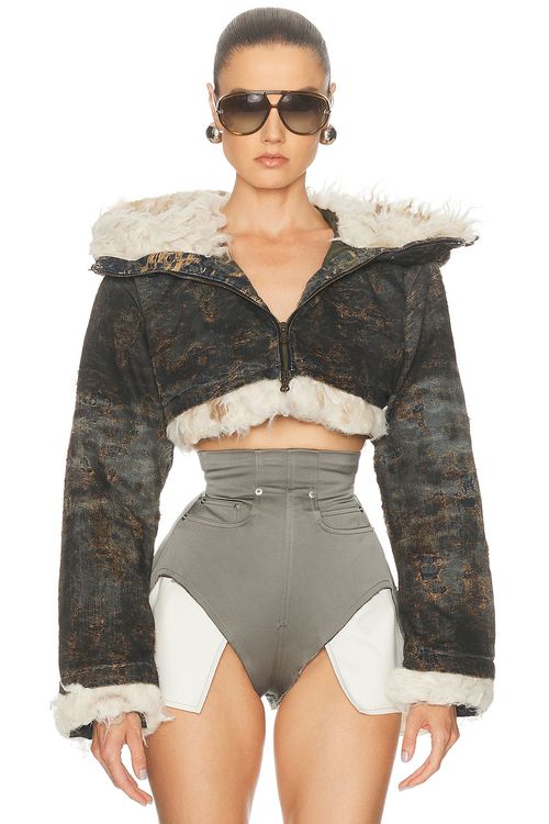 Diesel Cropped Faux Fur Zip Up Jacket in Black - Black. M also in