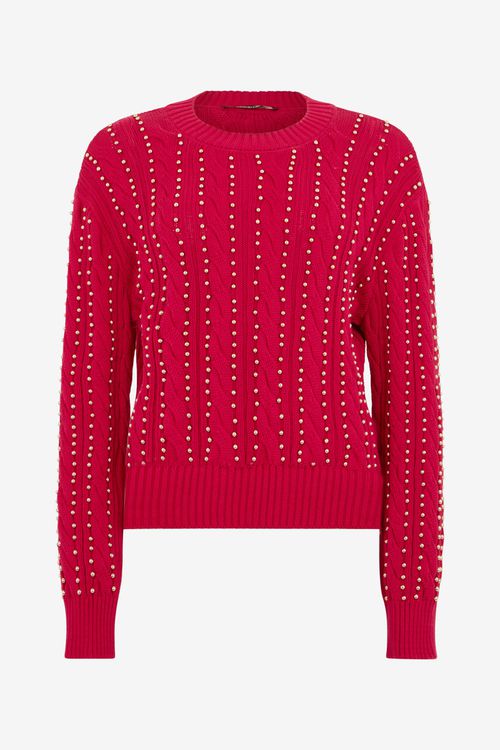 Red Studded Cable-knit Sweater