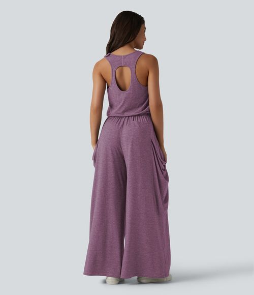 Sleeveless Cut Out Wide Leg Casual Jumpsuit with Pockets-Easy Peezy Edition  - Red Violet Floral Yarn
