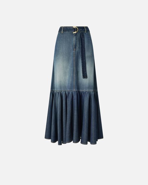 Long denim skirt with flounce and belt - 36