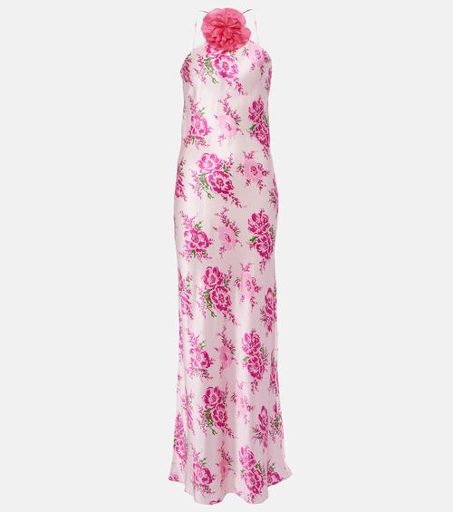 Floral-appliqué silk maxi dress