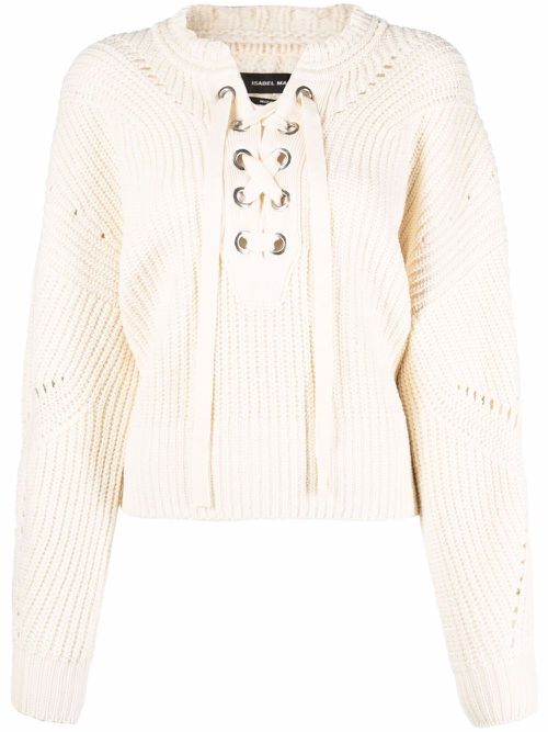 Lace-up ribbed-knit jumper - Neutrals