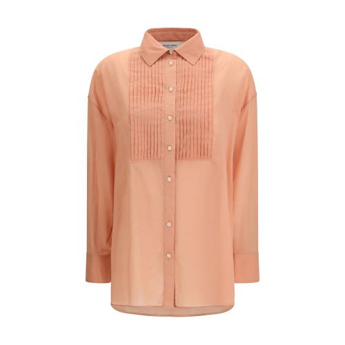 Pleated Bib Cotton Shirt — Brown