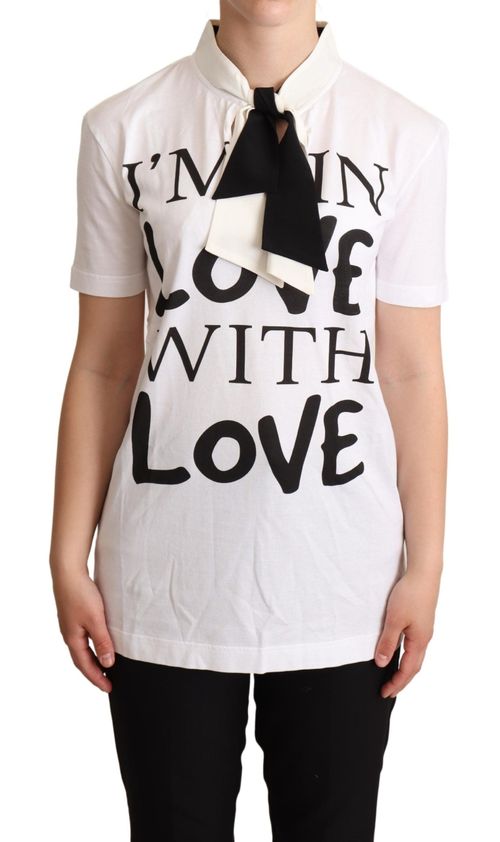 Ascot Collar Text-Print T-Shirt — White