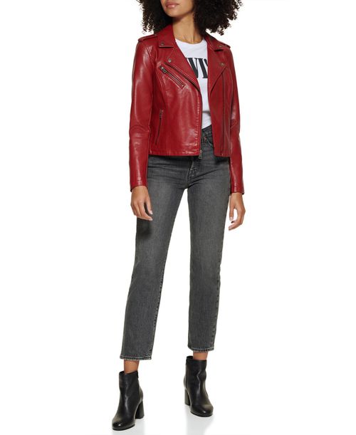 Women's Classic Faux Leather Asymmetrical Moto Jacket - Deep Red