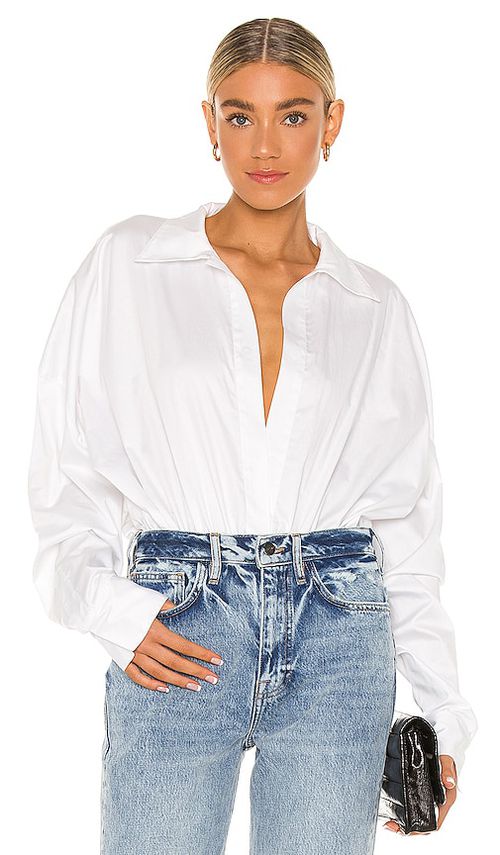 Norma Kamali Oversized Boyfriend Shirt Bodysuit in White. -  XS also in L, M