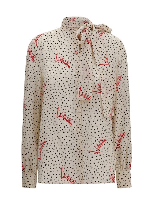 Polka-Dot Bow-Neck Silk Shirt — Beige