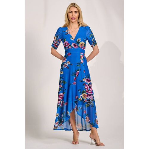 Jolie Moi Women's Ruched Sleeve Mesh Maxi Dress in Blue