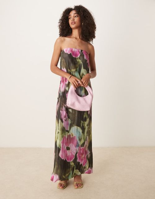 Plisse bandeau maxi dress in smudge floral-Multi
