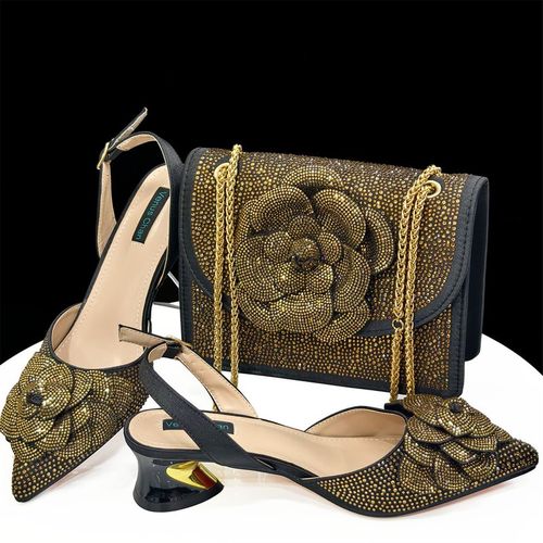 Women Shoe Bag Set Black Gold Pointed Toe High Heels Matching Square Shoulder Flower Decoration Women S Shoes And Bag Set