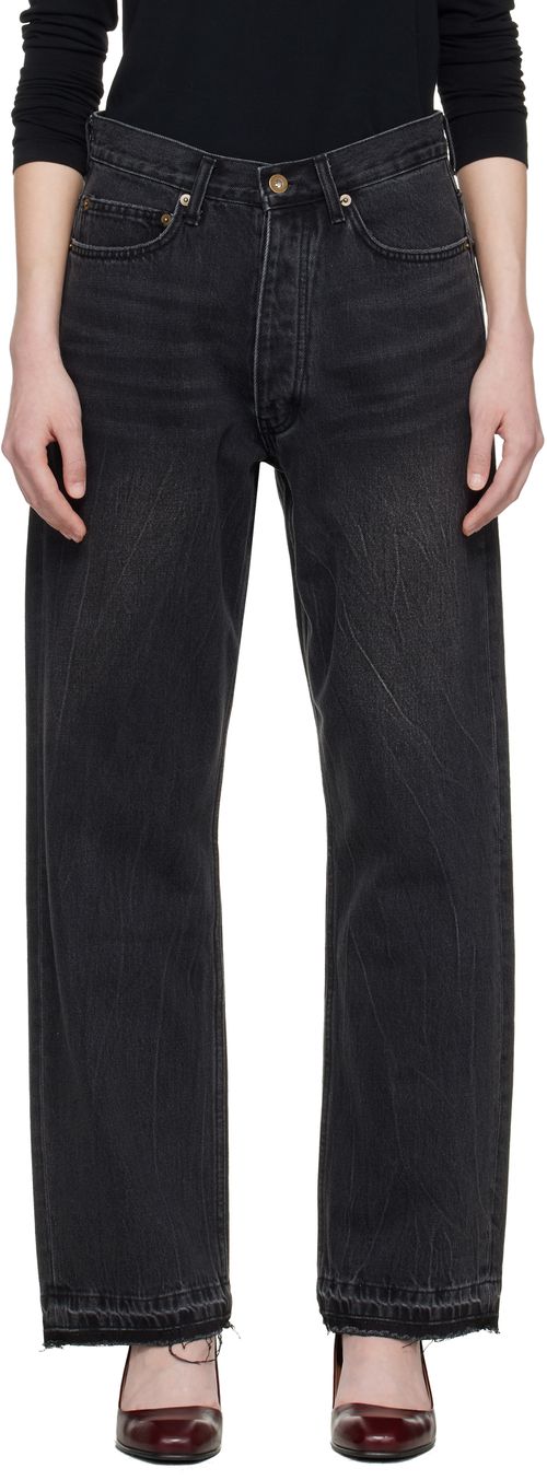 Black Frayed Hem Loose Straight Denim Jeans