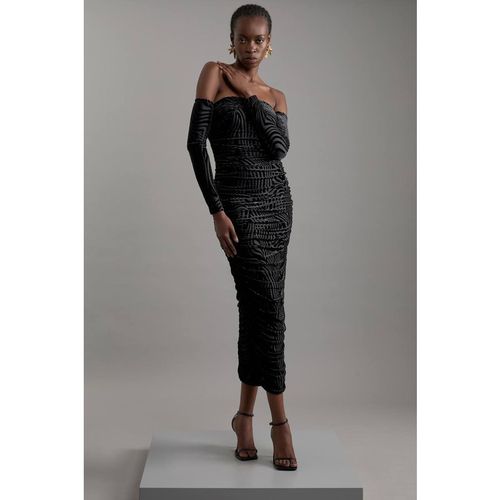 Karen Millen Women's Velvet Devore Jersey Bardot Midi Dress in Black | : Sma