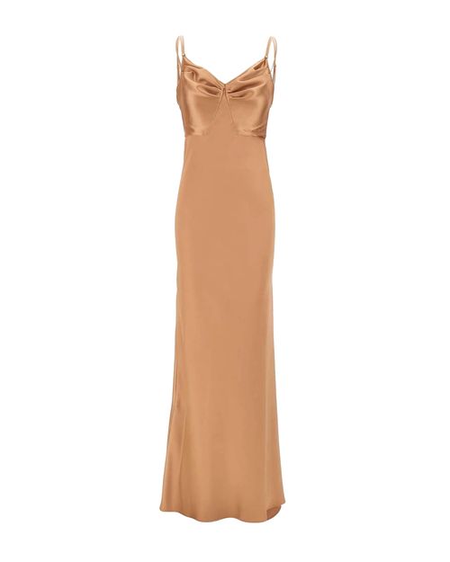Satin with Ruched Cup Detail Evening Dress — Brown