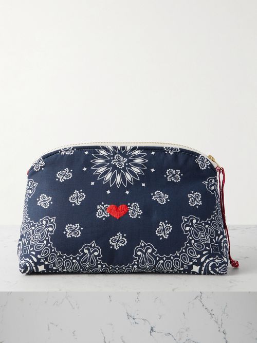 Coeur Vanity Embroidered Bandana-print Cotton Pouch - Blue